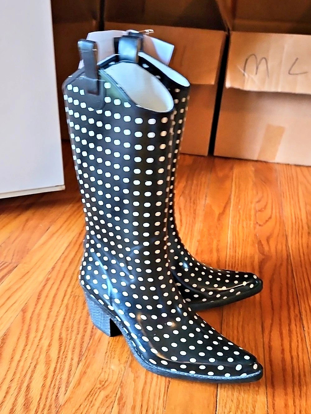 Polka Dot Heeled Rain Boots Black & White